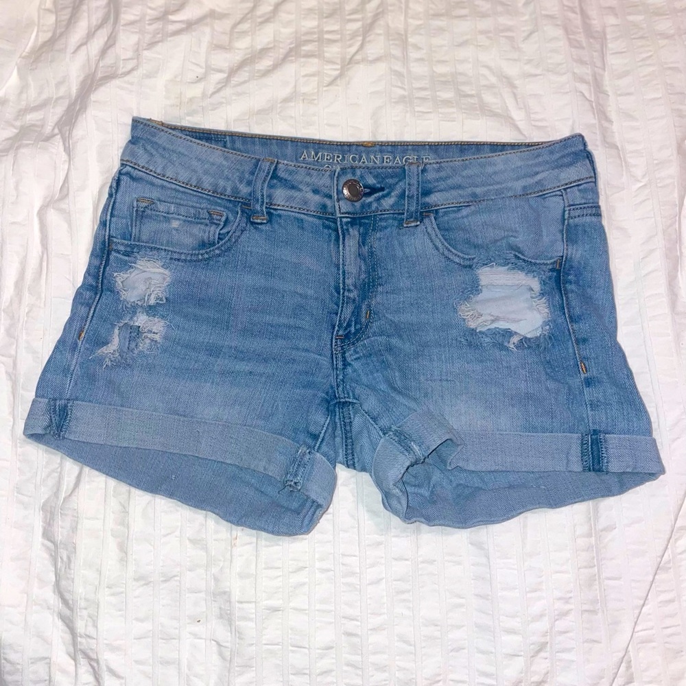 AE midi stretch jean shorts, rolled hem, size 6